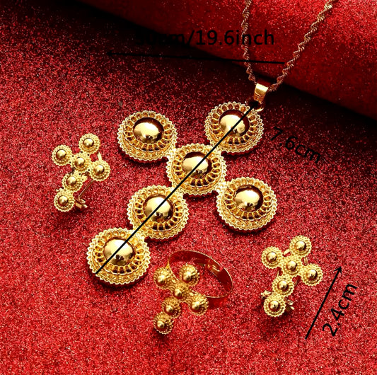 Ethiopian and Eritrean Habeshan Cross Pendant Chain Earrings Ring Gold Color Jewelry Set