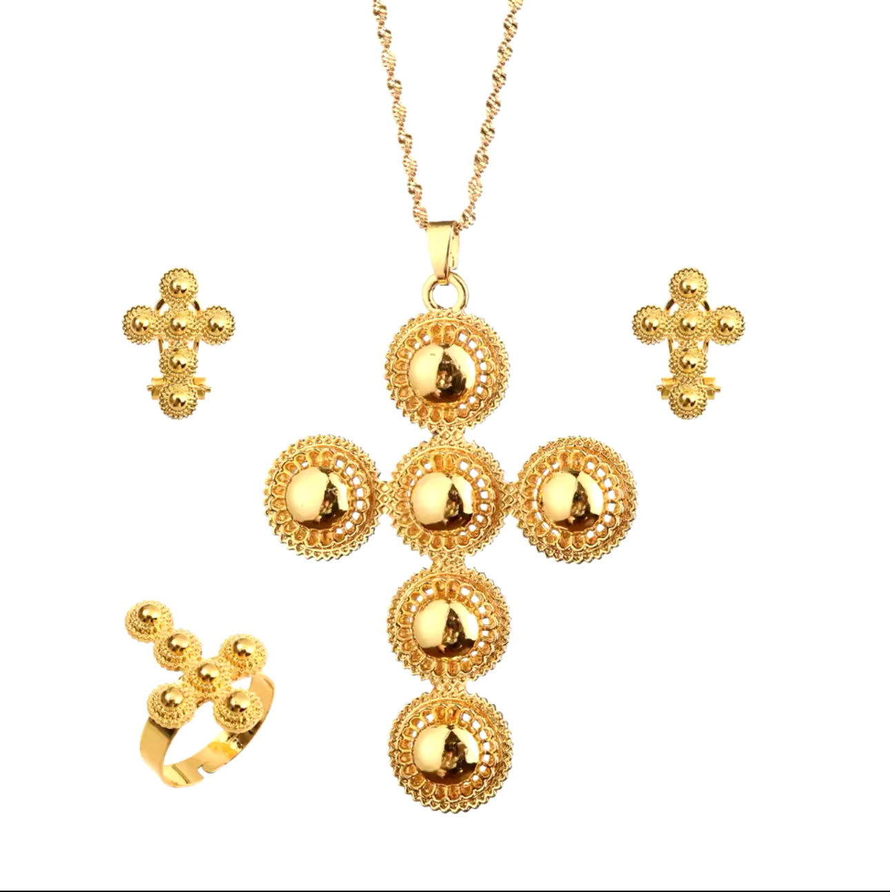 Ethiopian and Eritrean Habeshan Cross Pendant Chain Earrings Ring Gold Color Jewelry Set