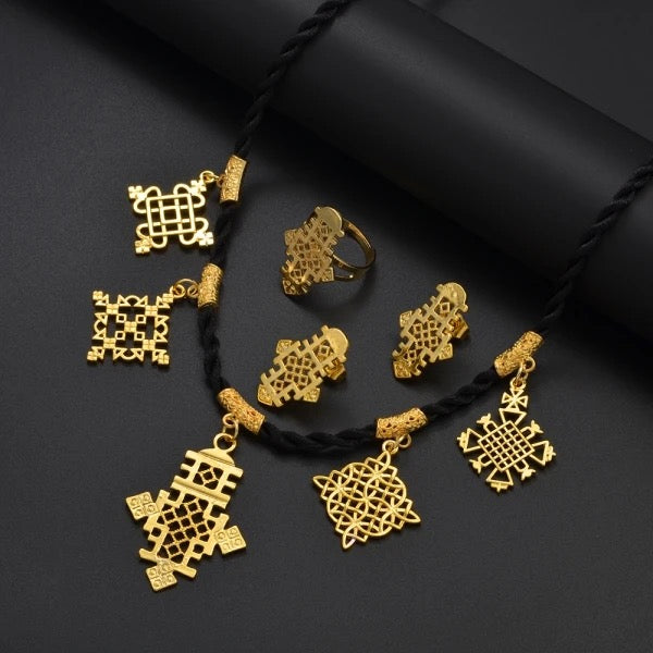 Habeshan Cross Pendant Black Rope Earrings Ring Sets