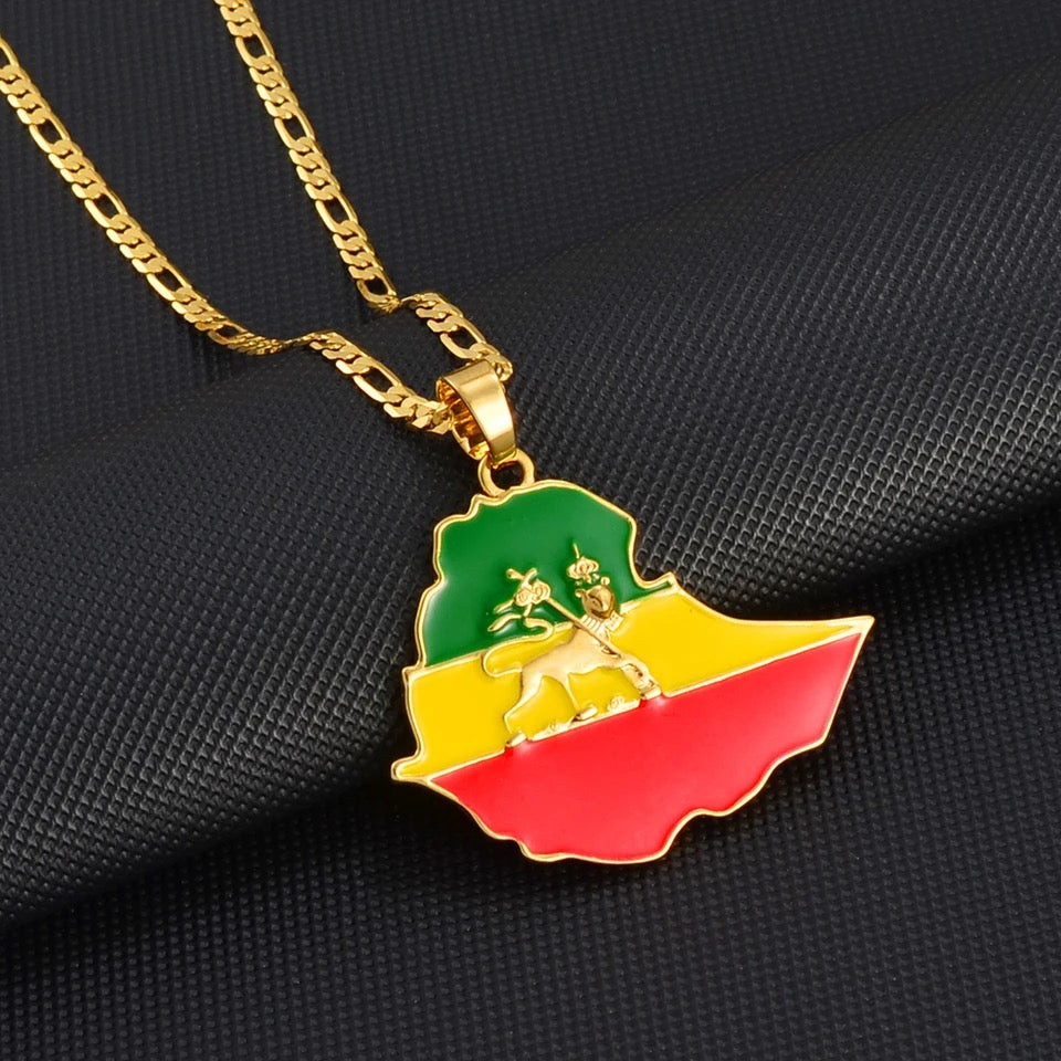 Ethiopian Flag & map; Lion Map Pendant Necklace