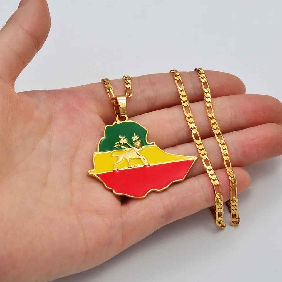 Ethiopian Flag & map; Lion Map Pendant Necklace